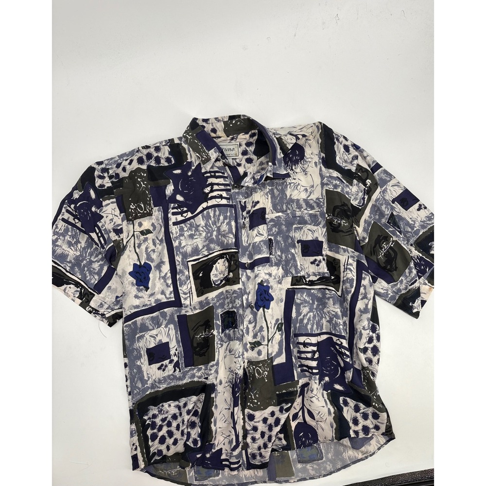 Bruno Silk Abstract Geometric Floral Print Short Sleeve Button Down Shirt Large